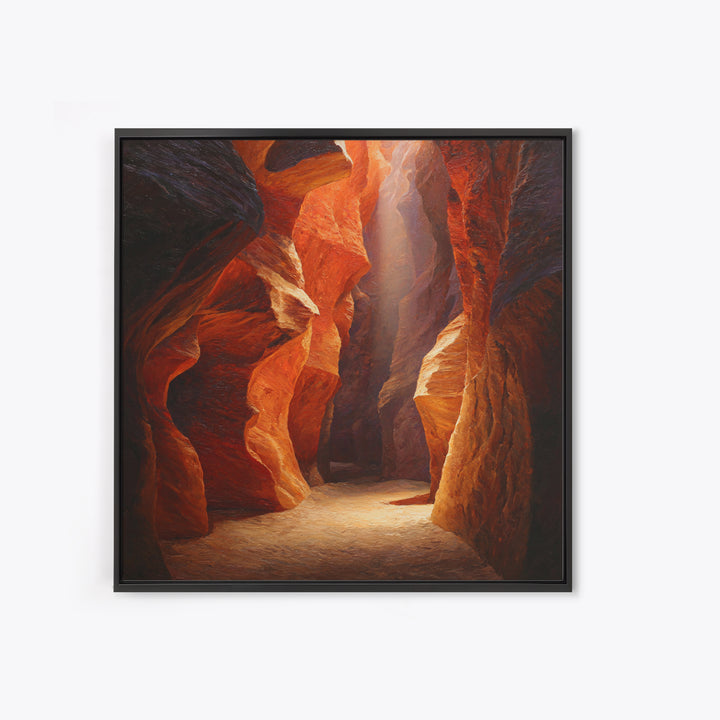 Sunlit Slot Canyon Textured Wall Art, Dramatic Red Rock Landscape Canvas Print, Vertical Desert Painting For Entryway Or Living Room Decor