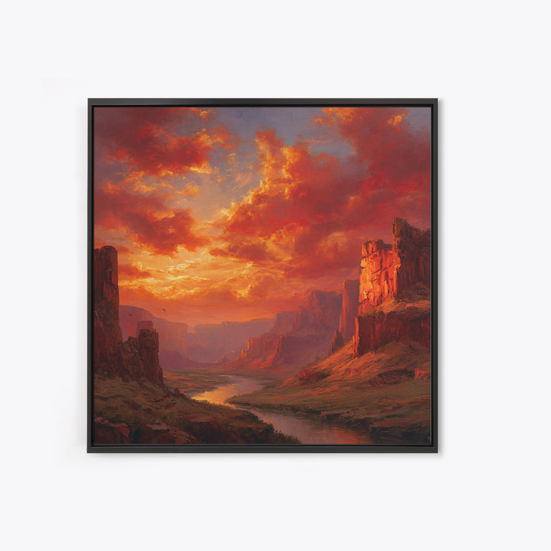 Majestic Canyon River Landscape At Sunset Wall Art Oil Painting Framed Canvas Print Rustic Home Decor