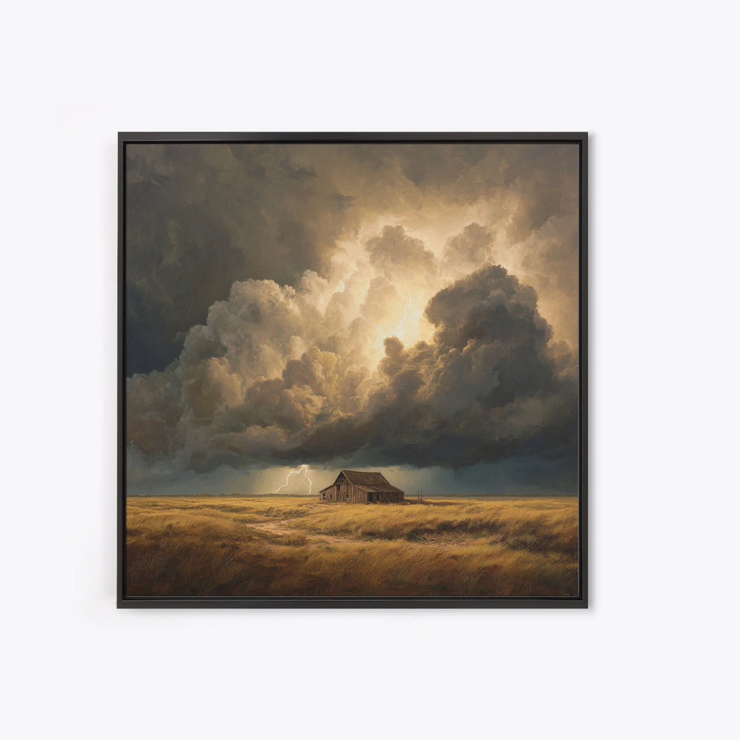 Stormy Sky Over Rustic Barn Landscape Painting Wall Art, Dramatic Lightning Cloud Print, Country Farmhouse Rustic Decor