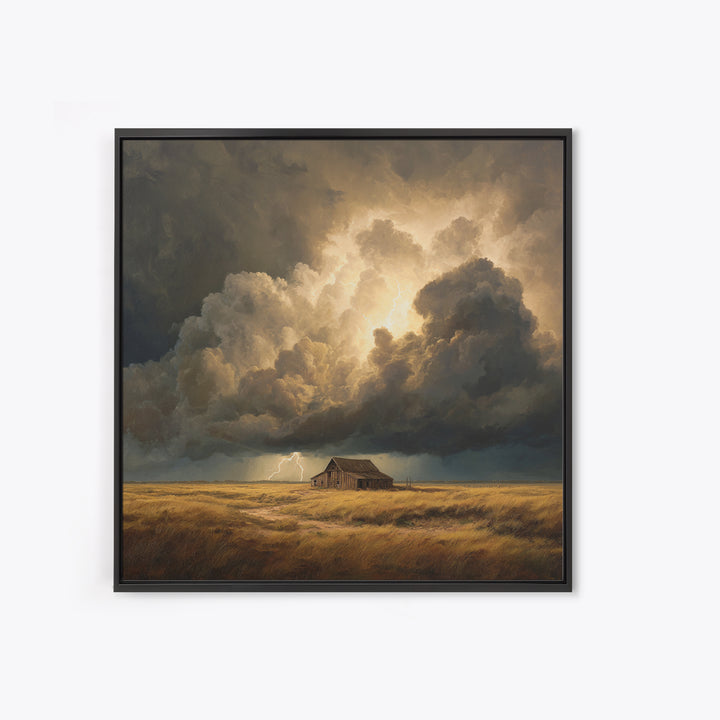 Stormy Sky Over Rustic Barn Landscape Painting Wall Art, Dramatic Lightning Cloud Print, Country Farmhouse Rustic Decor