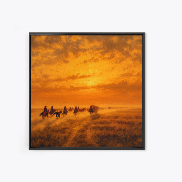 Western Cowboy Cattle Drive At Sunset Wall Art, Desert Landscape Print, Rustic Home Decor, Living Room Wall Art Canvas Print