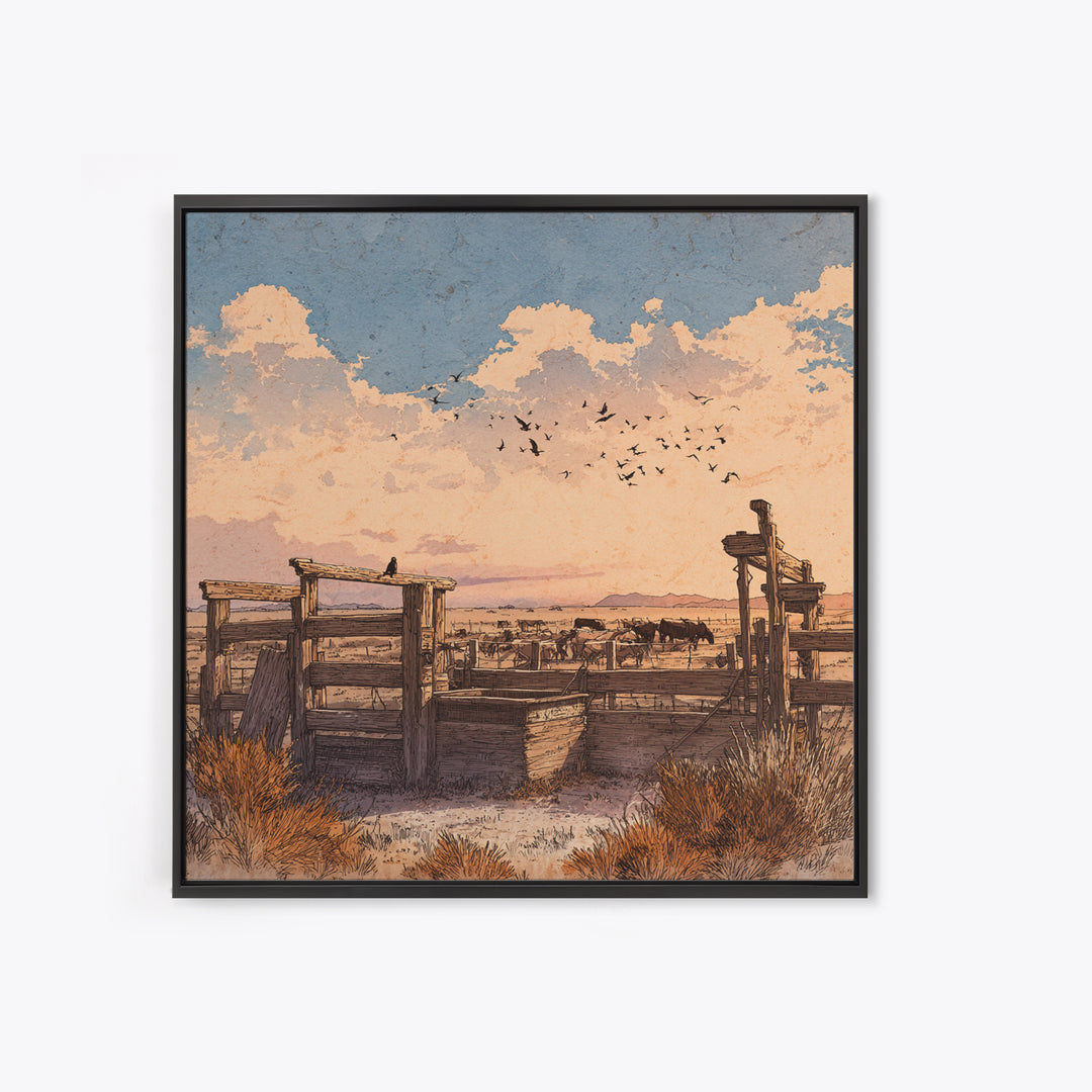 Western Ranch At Sunset Wall Art, Rustic Cowboy Landscape Canvas Print, Desert Farmhouse Decor For Living Room Or Office