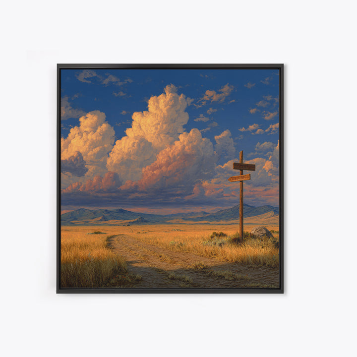 Golden Prairie Road At Crossroads Landscape Wall Art For Rustic Home Decor, Western Country Living Room Canvas Print