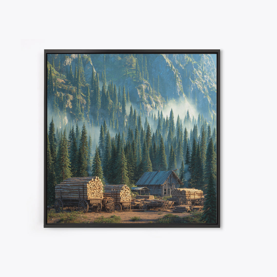 Cozy Cabin In Misty Pine Forest Wall Art, Rustic Mountain Landscape Canvas Print, Farmhouse Country Home Decor