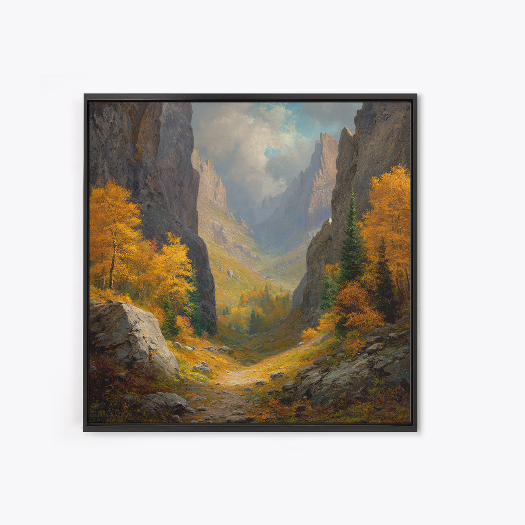 Golden Autumn Mountain Valley Path Landscape Wall Art, Cozy Fall Forest Canyon Living Room Canvas Print
