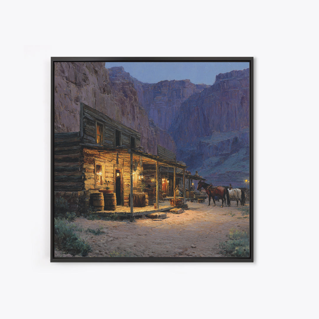 Cozy Old Western Cabin At Dusk Wall Art, Rustic Farmhouse Landscape Print, Country Home Decor, Living Room Rustic Canvas Print