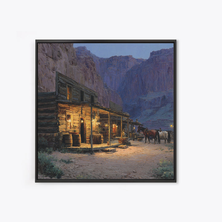 Cozy Old Western Cabin At Dusk Wall Art, Rustic Farmhouse Landscape Print, Country Home Decor, Living Room Rustic Canvas Print