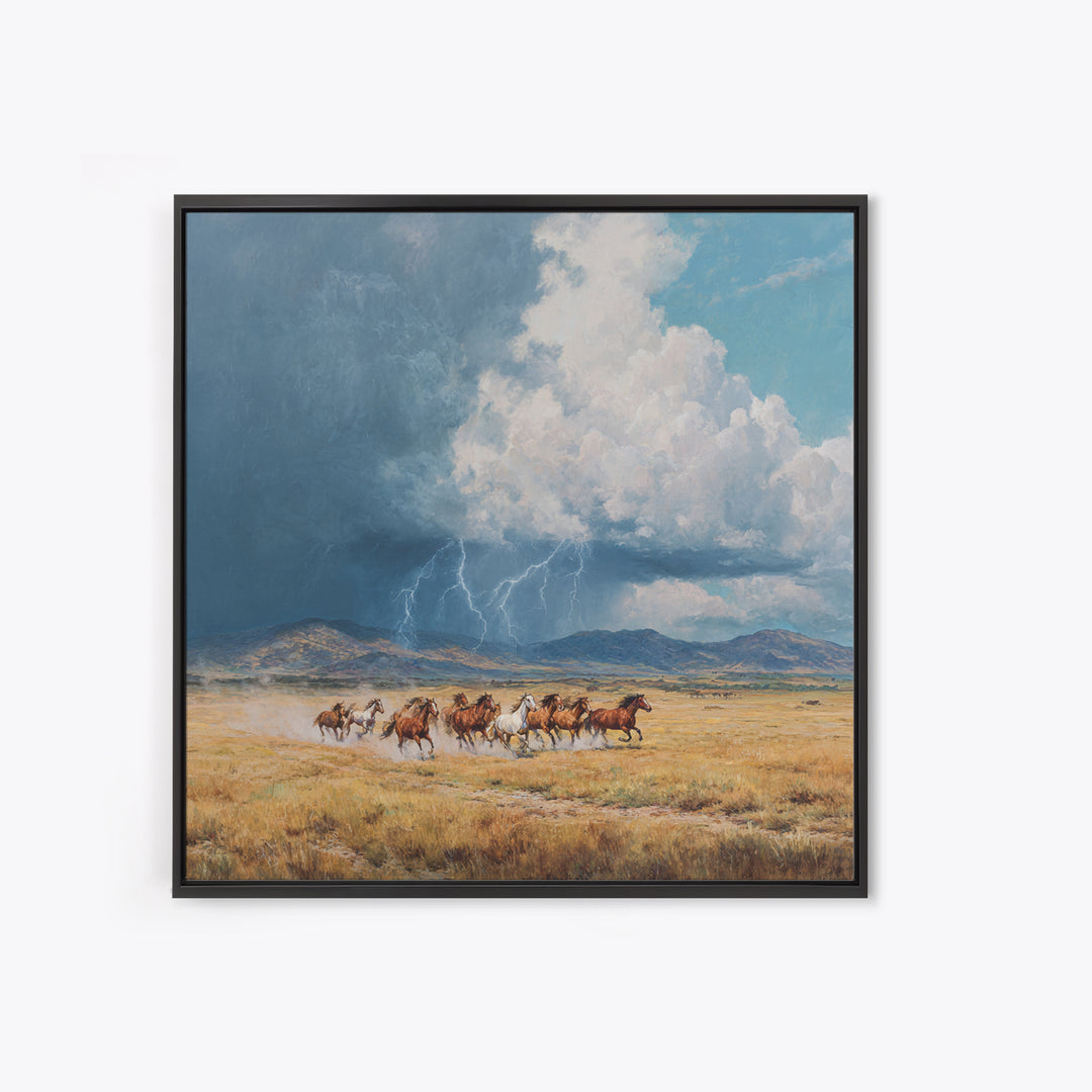 Wild Horses Running Under Stormy Sky Landscape Wall Art Canvas Print Western Country Decor Large Landscape Painting