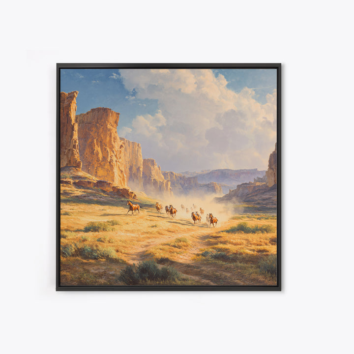 Wild Mustangs Running Through Desert Canyon Landscape Wall Art Western Country Home Decor Large Modern Landscape Print