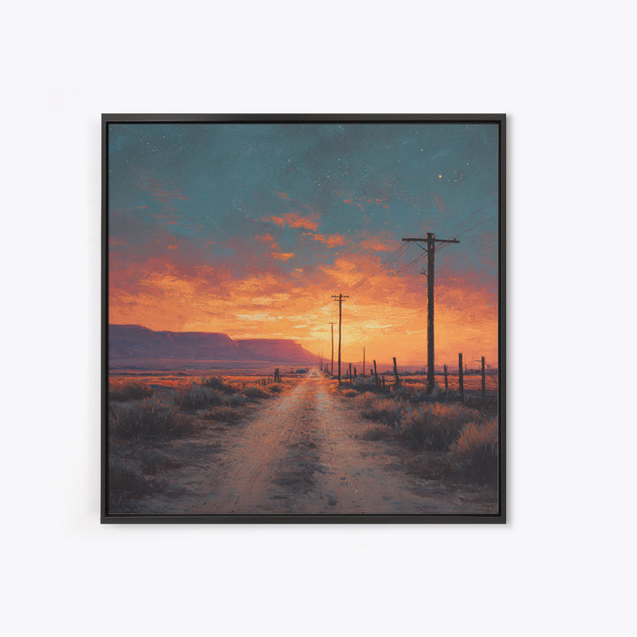 Country Dirt Road Sunset Landscape Wall Art, Warm Rustic Western Painting, Farmhouse Home Decor Large Framed Canvas Print