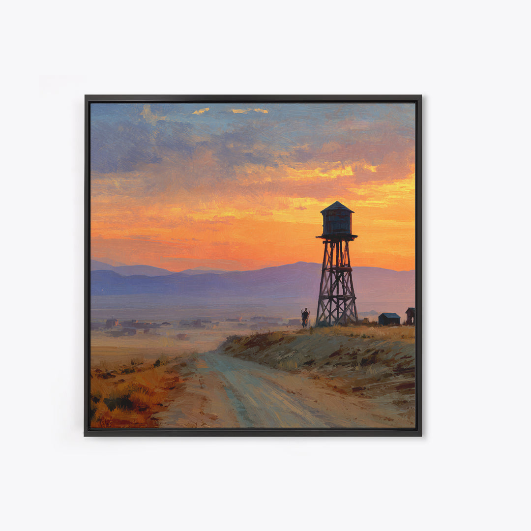Western Sunset Water Tower Landscape Wall Art, Cowboy Desert Road Canvas Print, Rustic Country Home Decor For Living Room Or Office