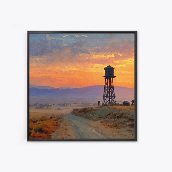 Western Sunset Water Tower Landscape Wall Art, Cowboy Desert Road Canvas Print, Rustic Country Home Decor For Living Room Or Office