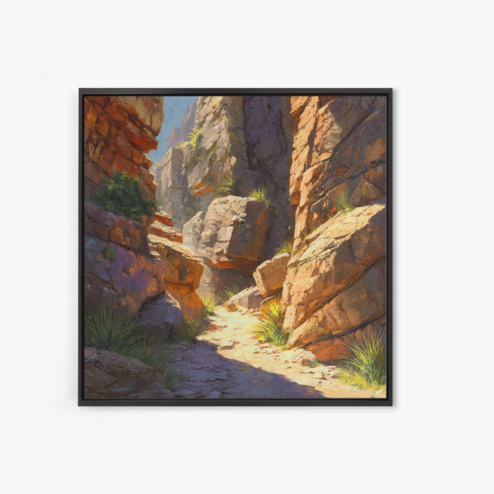 Sunlit Desert Canyon Trail Landscape Wall Art, Warm Southwest Rocks And Sage Green Nature Canvas Print