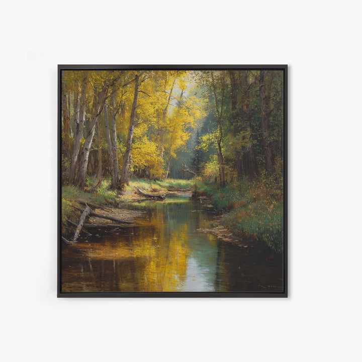 Golden Forest Creek Wall Art, Autumn Landscape Canvas Print, Rustic Nature Painting For Cozy Living Room Decor
