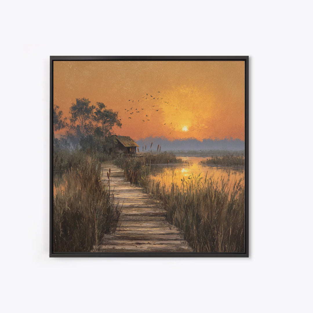 Peaceful Sunset Over Lakeside Cabin And Boardwalk Nature Landscape Wall Art Framed Canvas Print For Living Room