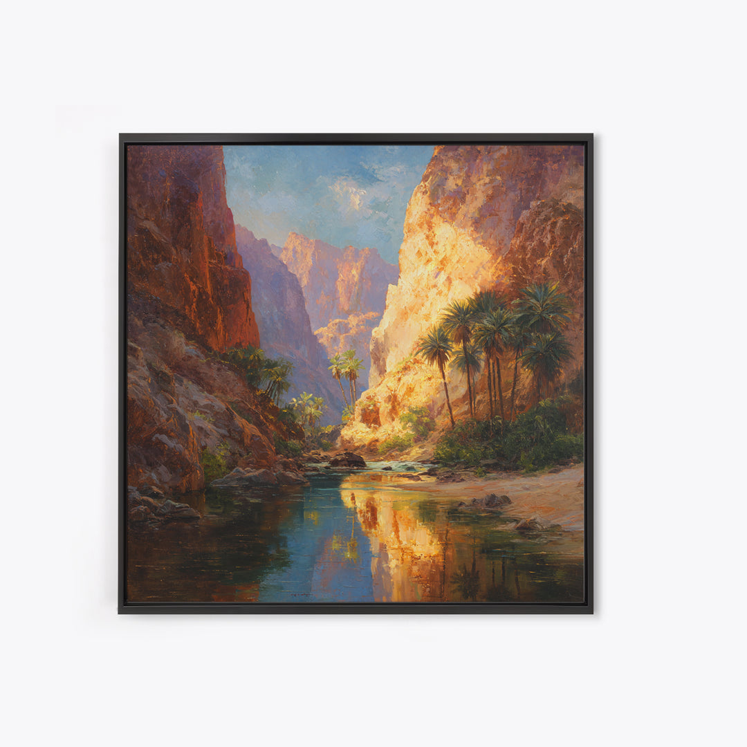 Sunlit Desert Canyon Oasis Landscape Wall Art Canvas Print, Modern Southwestern Nature Painting For Living Room Home Decor