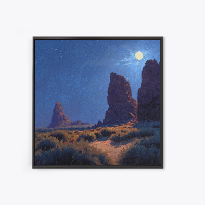 Moonlit Desert Rocks Wall Art, Night Sky Landscape Painting, Southwestern Stars Print, Calming Rustic Home Decor Canvas Print