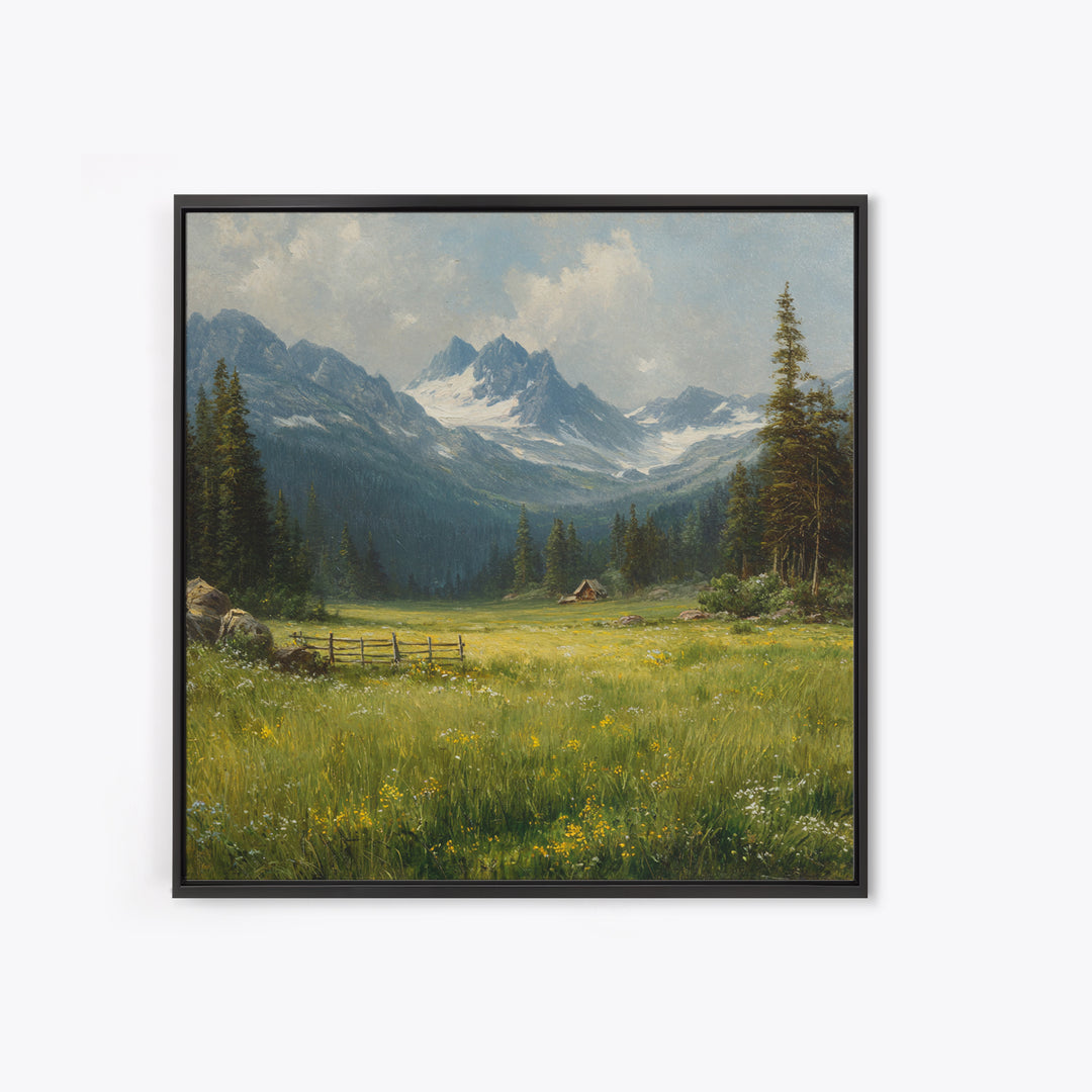 Alpine Meadow Cabin Landscape Wall Art, Mountain Valley Oil Painting Print, Rustic Country Home Decor Living Room Wall Art