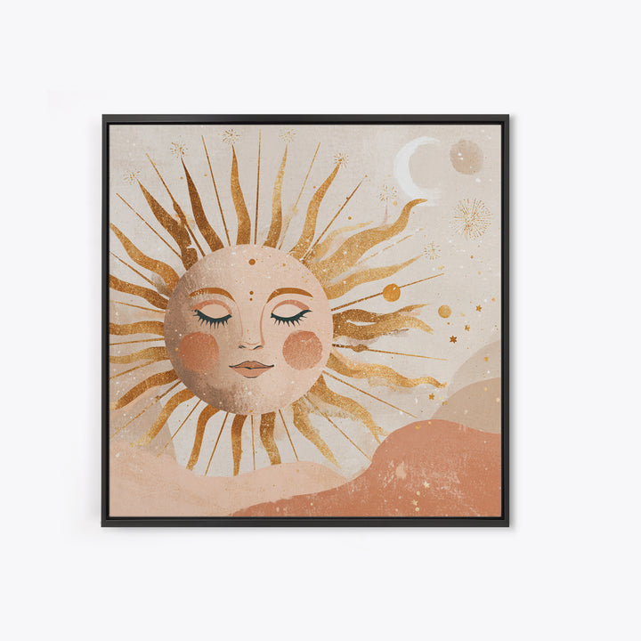 Boho Sun And Moon Wall Art, Celestial Gold Face Print, Whimsical Nursery Decor, Spiritual Bedroom Canvas Gift For Her Home Decor