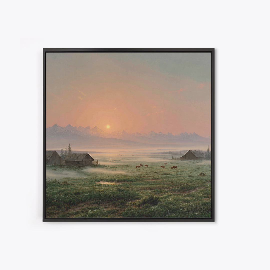 Misty Sunrise Farm Landscape Wall Art, Rustic Country Barn Pasture Print, Farmhouse Wall Decor Living Room Wall Art