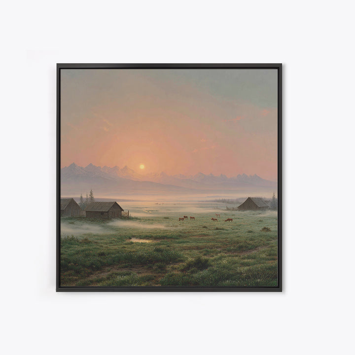 Misty Sunrise Farm Landscape Wall Art, Rustic Country Barn Pasture Print, Farmhouse Wall Decor Living Room Wall Art