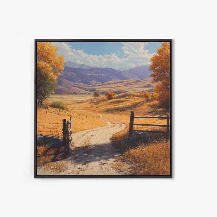 Golden Country Road Autumn Landscape Wall Art, Rustic Farmhouse Canvas Print For Cozy Living Room Decor