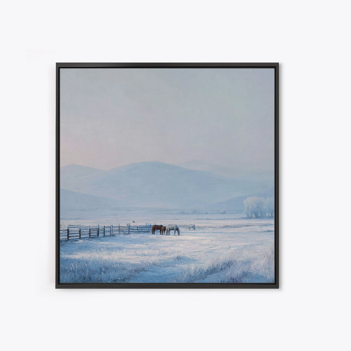 Idyllic Winter Landscape With Horses And Mountains Peaceful Snow Scene Wall Art Framed Canvas Print For Cozy Home Decor