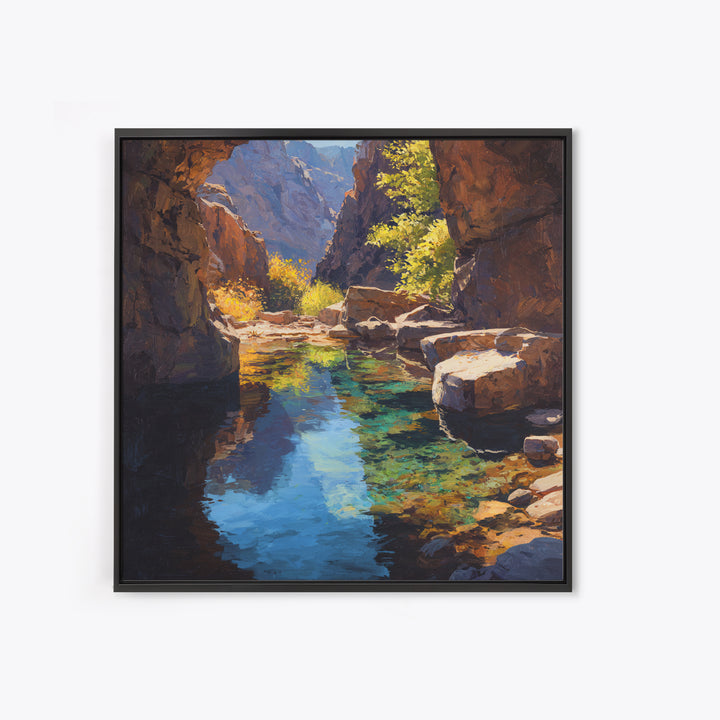 Sunlit Canyon Creek Landscape Oil Painting Wall Art, Nature Mountain Stream Canvas Print, Rustic Cabin Decor Modern Landscape