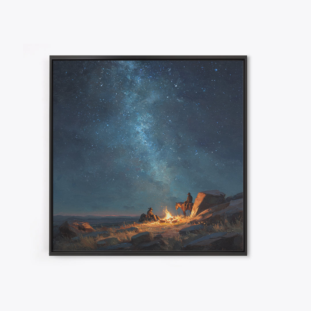Cowboys By Campfire Under Milky Way Night Sky Wall Art Print, Western Landscape Painting, Rustic Country Home Decor Art