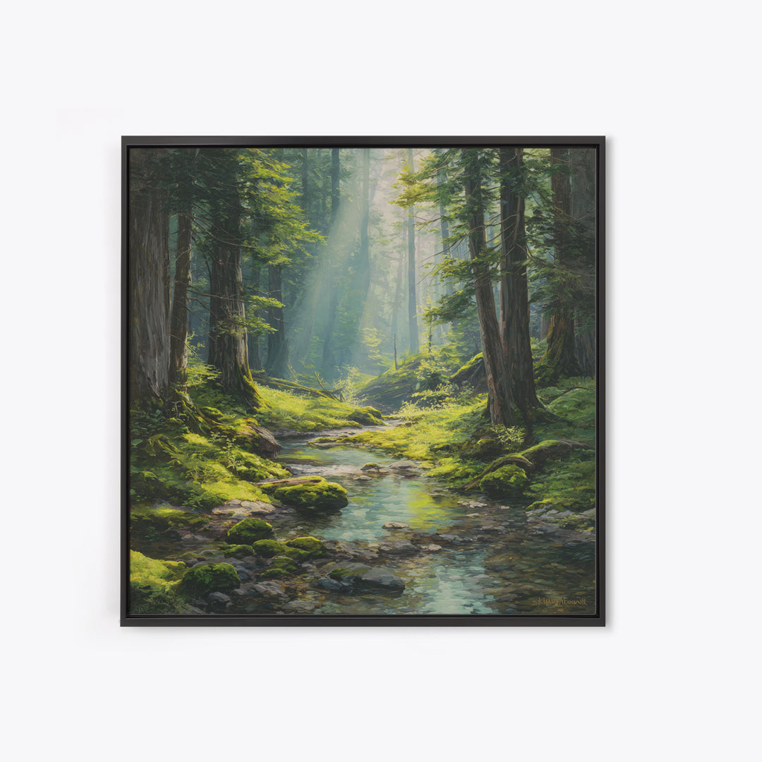 Sunlit Forest Creek Landscape Wall Art Nature Painting Canvas Print Rustic Home Decor Cabin Living Room Wall Art