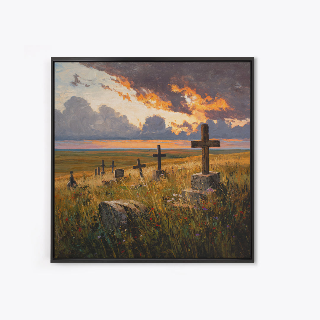 Moody Sunset Graveyard Landscape Wall Art, Dramatic Sky Rustic Canvas Print, Gothic Dark Academia Decor For Living Room