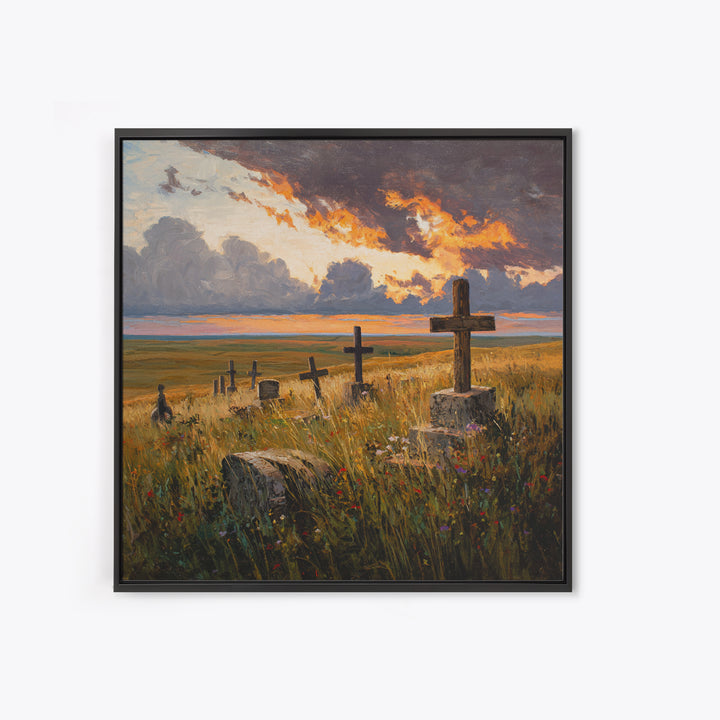 Moody Sunset Graveyard Landscape Wall Art, Dramatic Sky Rustic Canvas Print, Gothic Dark Academia Decor For Living Room