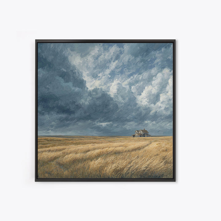 Moody Prairie House Stormy Sky Landscape Wall Art, Large Horizontal Canvas Print, Rustic Farmhouse Decor Living Room Art