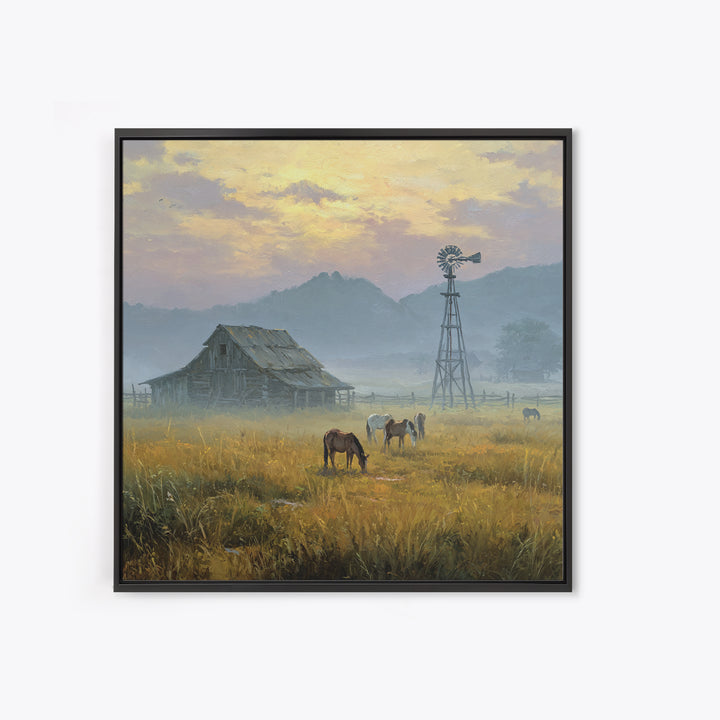 Rustic Barn And Horses Landscape Wall Art Canvas Print, Western Country Decor, Farmhouse Wall Art, Large Living Room Art