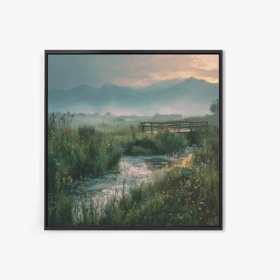 Tranquil Meadow Stream With Wooden Bridge And Mountains Landscape Wall Art Framed Canvas Print For Bedroom Decor