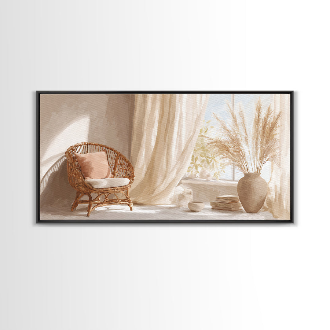 Sunlit Wicker Chair And Pampas Grass Framed Canvas Print, Neutral Boho Wall Decor, Cozy Bedroom Art For Modern Home Decor