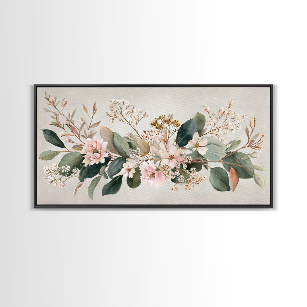 Soft Pink Floral Greenery Canvas Print, Eucalyptus Botanical Wall Decor, Neutral Living Room Art, Modern Farmhouse Decor