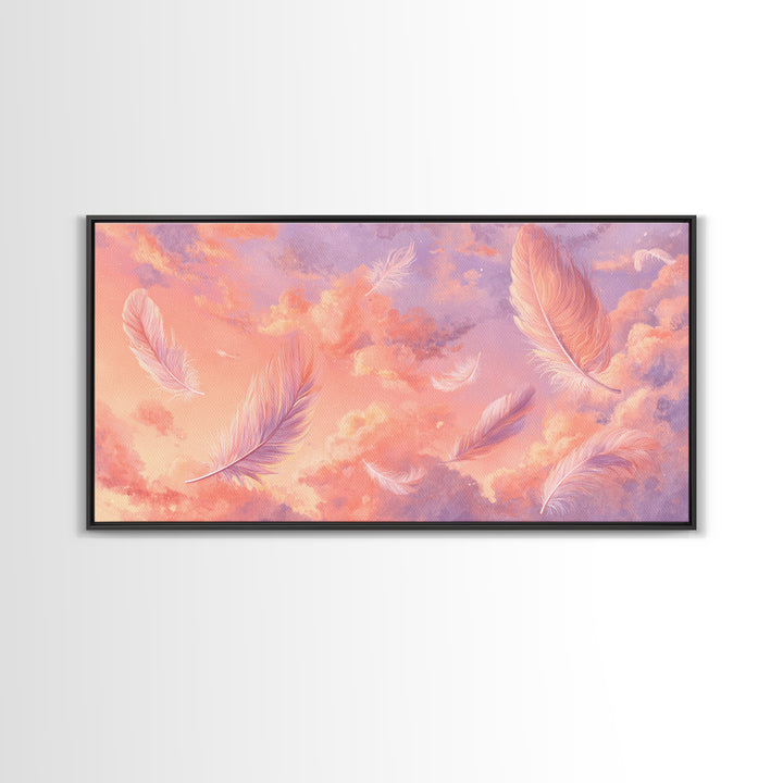 Pink Feather Sky Canvas Print, Dreamy Pastel Cloud Art, Celestial Nursery Decor, Whimsical Bedroom Wall Decor Gift For Her