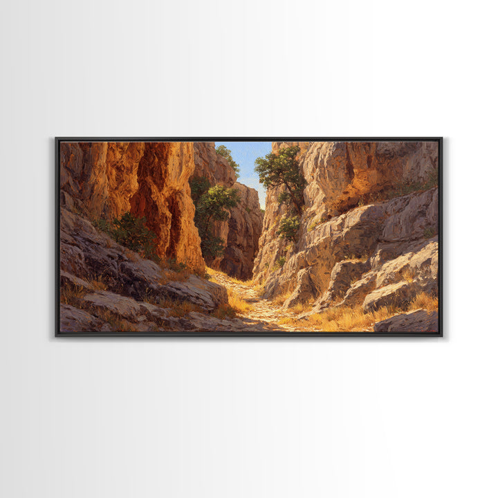 Rustic Canyon Landscape Oil Painting Bright Earth Tone Wall Art Framed Canvas Print Ideal For Living Room Decor Nature Lovers Gift