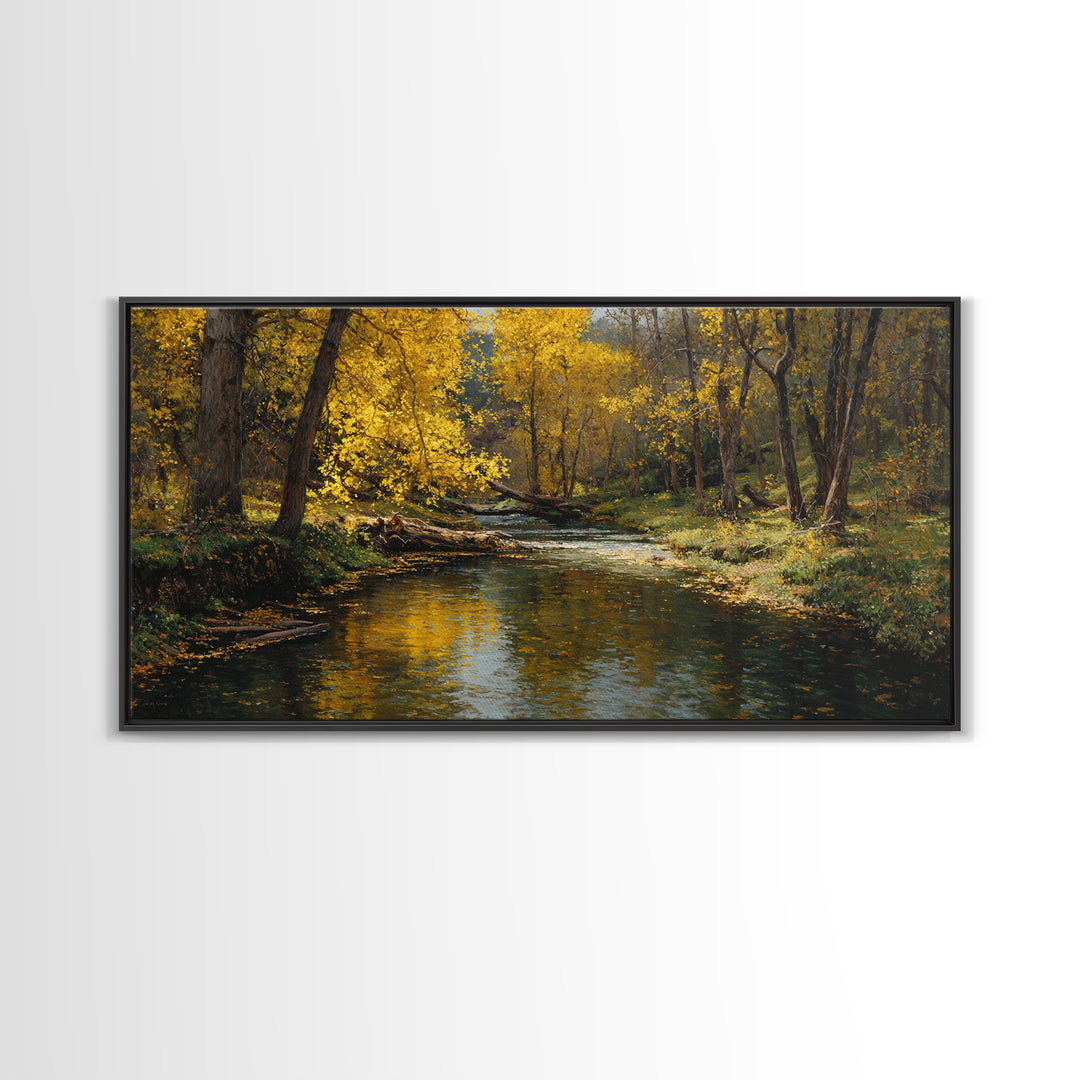 Peaceful Autumn Landscape River Scene Oil Painting Wall Art Canvas Print Rustic Home Decor Large Wall Art