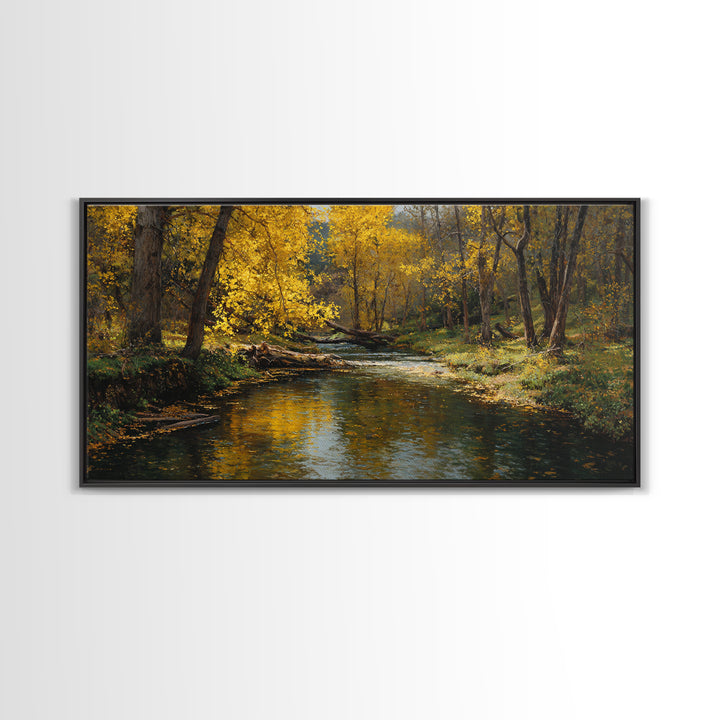 Peaceful Autumn Landscape River Scene Oil Painting Wall Art Canvas Print Rustic Home Decor Large Wall Art