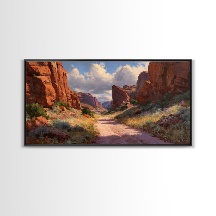 Sunlit Rocky Canyon Landscape With Wildflowers Scenic Wall Art Framed Canvas Print For Rustic Home Decor And Nature Lovers