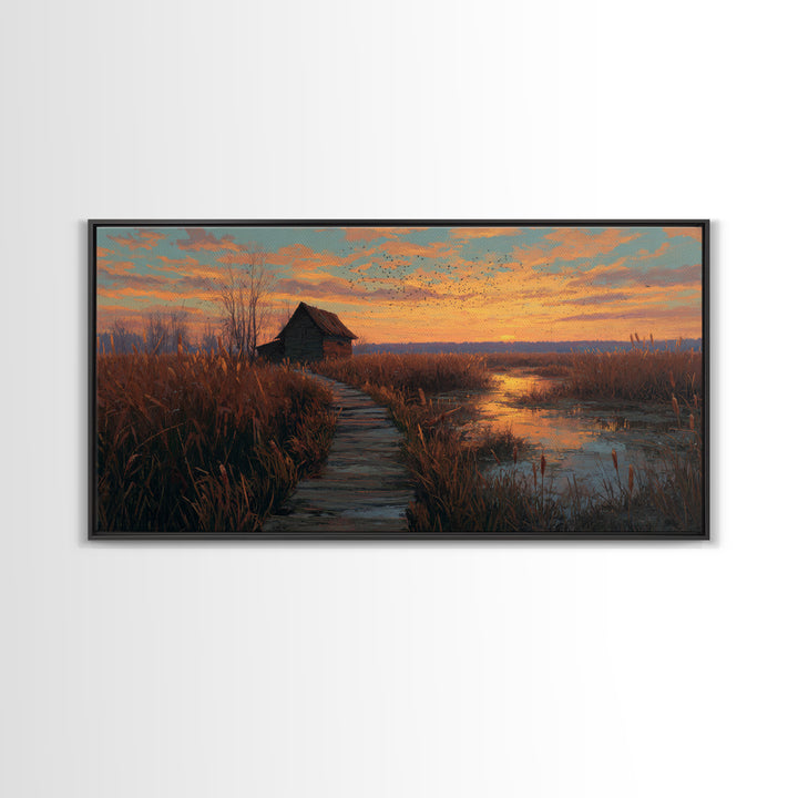 Rustic Autumn Wetland Landscape With Wooden Pathway Original Oil Painting Framed Canvas Print For Cozy Home Decor