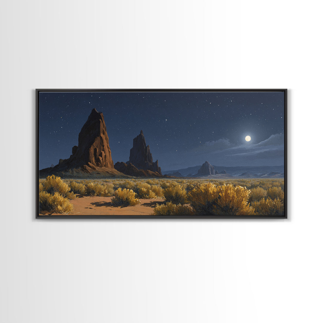 Moonlit Desert Landscape With Majestic Rock Formations And Starry Sky Original Oil Painting Wall Art Canvas Print