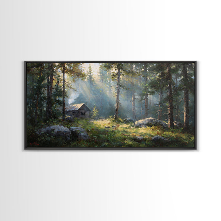 Beautiful Forest Cabin With Sunlight Streaming Through Trees Oil Painting Canvas Print Wall Art