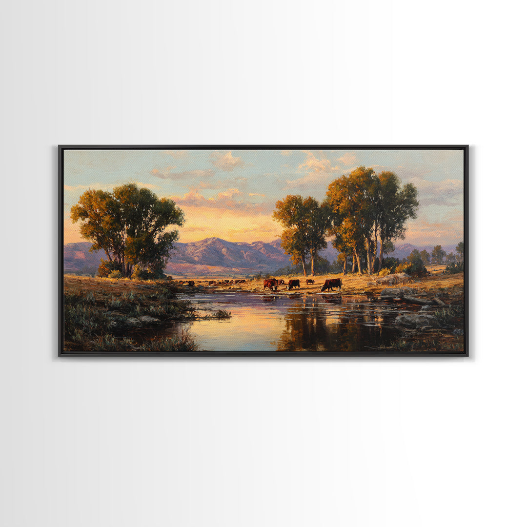 Warm Sunset Over Mountains Large Landscape Wall Art Framed Canvas Print Rustic Nature Home Decor