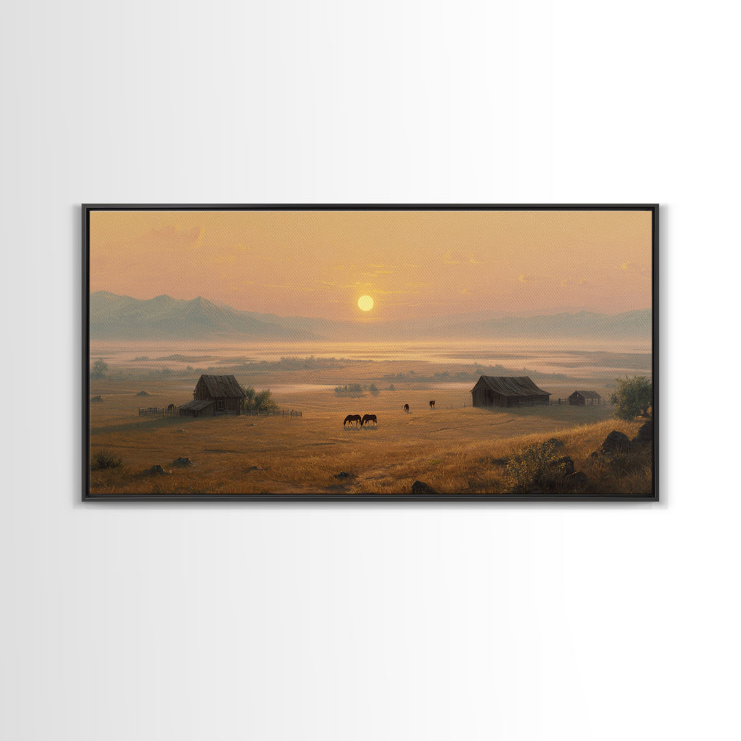 Golden Hour Peaceful Ranch Landscape With Horses Wall Art Framed Canvas Print Rustic Western Decor Original Landscape Home Decor