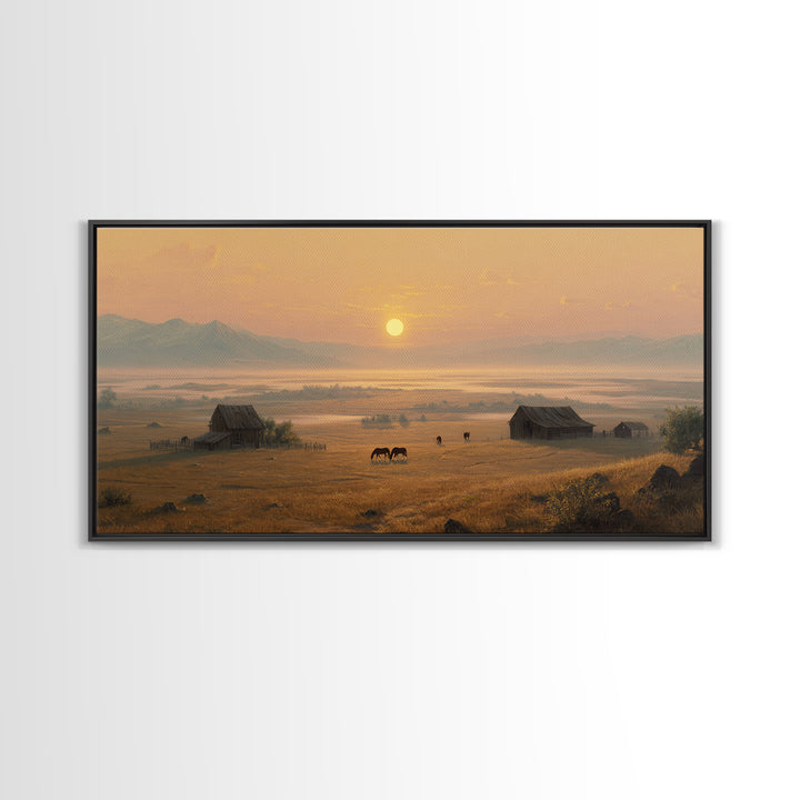 Golden Hour Peaceful Ranch Landscape With Horses Wall Art Framed Canvas Print Rustic Western Decor Original Landscape Home Decor