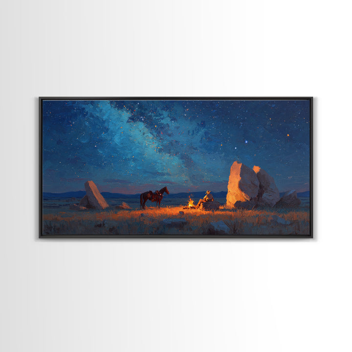 Western Cowboy Night Campfire Scene Oil Painting Canvas Print Large Wall Art Rustic Home Decor