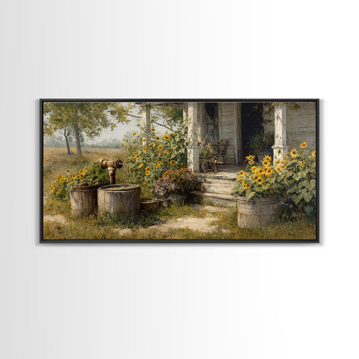 Charming Rustic Farmhouse Sunflower And Well Painting Warm Country Wall Art For Cozy Home Kitchen Decor Canvas Print